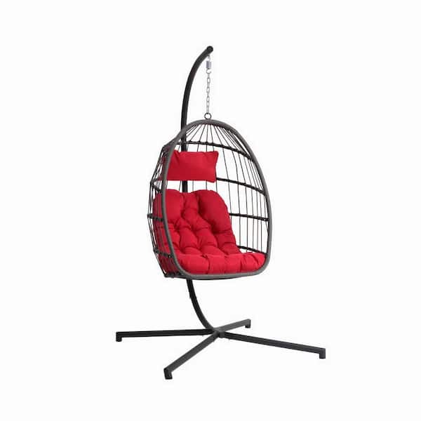 Cesicia Outdoor Dark Gray Wicker Patio Swing Chair with Red Cushions