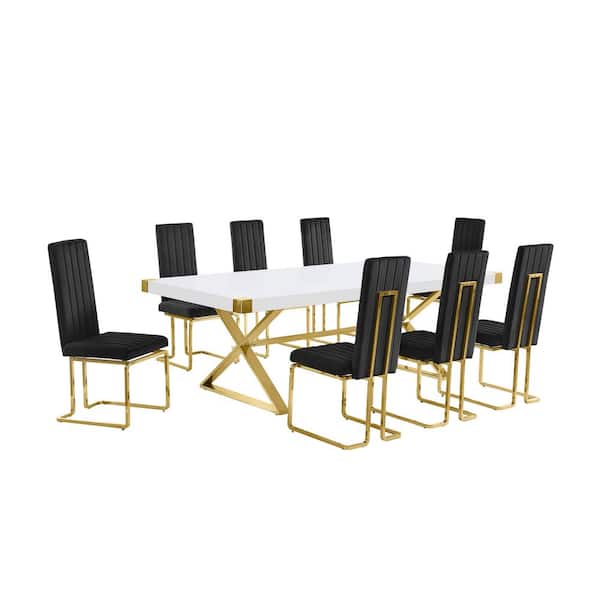 Miguel 9-Piece Rectangle White Wood Top Gold Stainless Steel Dining Set with 8 Black Velvet Chairs