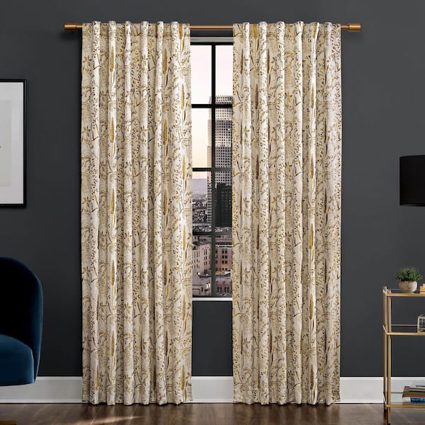 SCOTT LIVING Aubry Shimmering Floral 100% Gold 96 in. L x 52 in. W Blackout Back Tab Curtain Panel