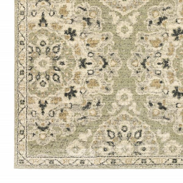 HomeRoots Green Ivory Grey and Tan 2 ft. x 8 ft. Floral Power Loom Stain Resistant Runner Rug
