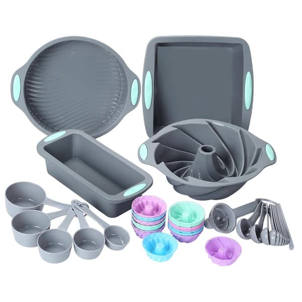 49-Piece Light Grey Silicone Bakeware Set Nonstick Heat Resistant Baking Pans with Measuring Cups and Spoons
