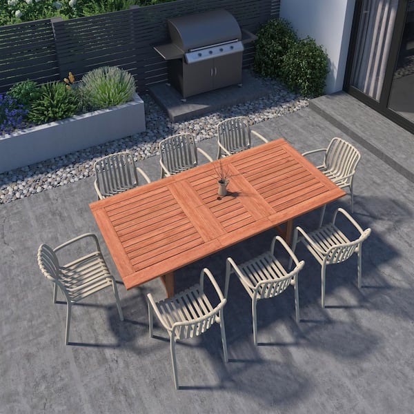 Amazonia Havelock 9-Piece Dark Teak Finish Wood 100% FSC Rectangular Patio Dining Set Sand