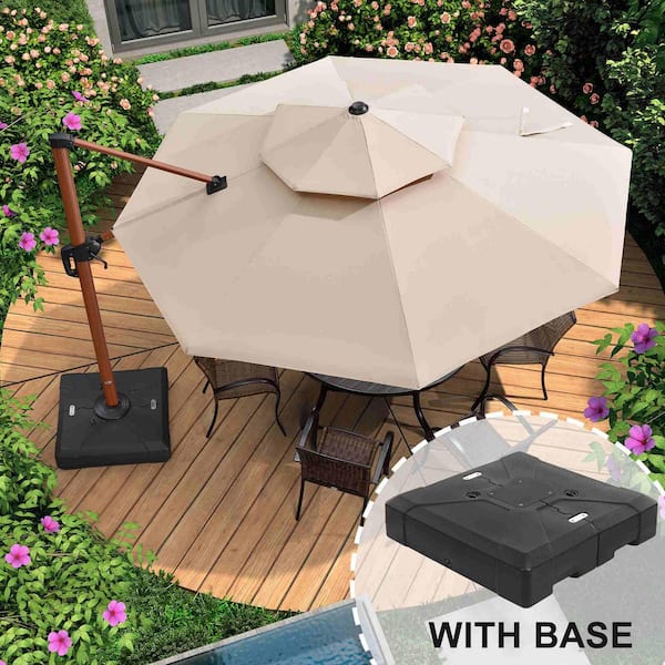 10 ft aluminum pole cantilever solar patio umbrella in scarlet WESTLAKE 10 Ft Solar LED Cantilever Offset Patio Umbrella w/ Included  4-Piece Base Weights, Gray