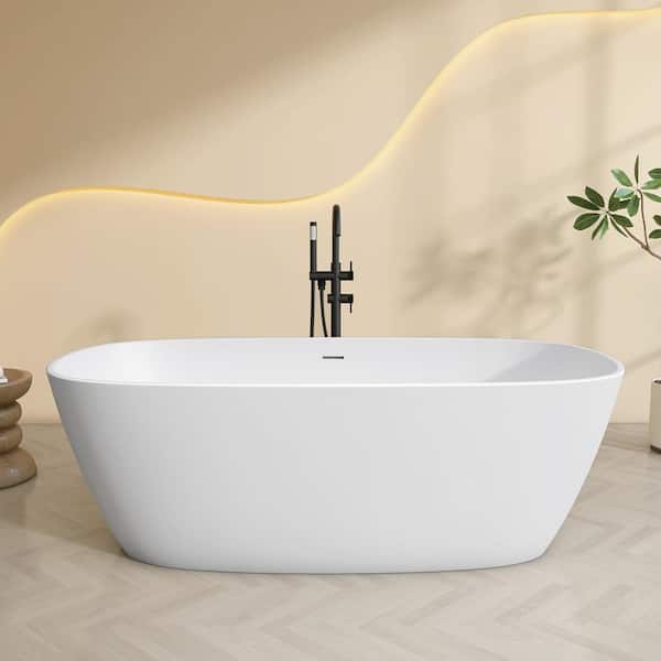 Ece 67 in. x 33 in. Solid Surface Stone Resin Freestanding Soaking Bathtub Stand Alone Tub Center Drain in Matte White