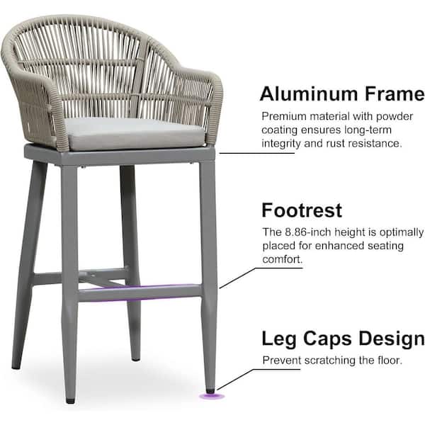 Modern Aluminum Rattan Bar Height Outdoor Bar Stool with Back and Gray Cushion, Light Gray (2-Pack)