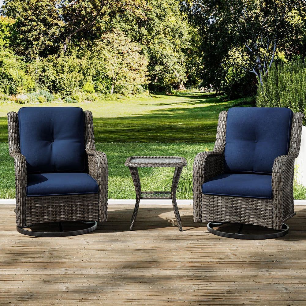 3-Piece Patio Brown Wicker Frame Outdoor Rocking Swivel Chair Conversation Sets with Dark Blue Cushions and 1 Side Table price history on PriceWatchPro