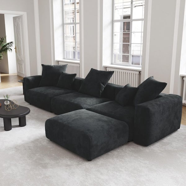 Modern 142 in. Square Arm 4-piece Corduroy Modular Combination Sectional Sofa Large Floor Couch with Ottomans in Black
