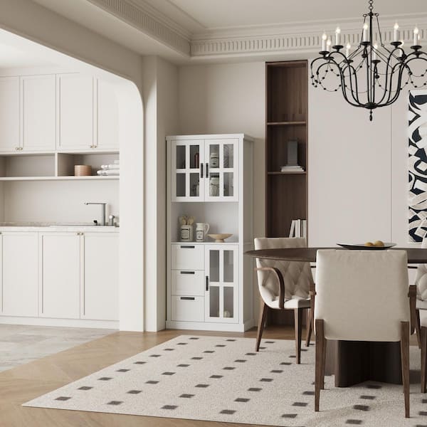 White Wood Buffet and Sideboard, Storage Cabinet, Food Pantry Cabinet with 3-Drawers, 3-Glass Doors and 4-Shelves