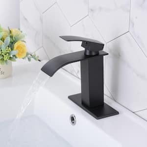 Waterfall Single Handle Single Hole Low-Arc Bathroom Faucet with Deckplate Matte Black