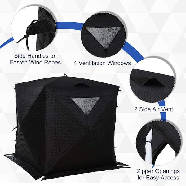 Outsunny 2 Person Ice Fishing Shelter with Padded Walls, Thermal Waterproof Portable Pop Up Ice Tent with 2 Doors, Black