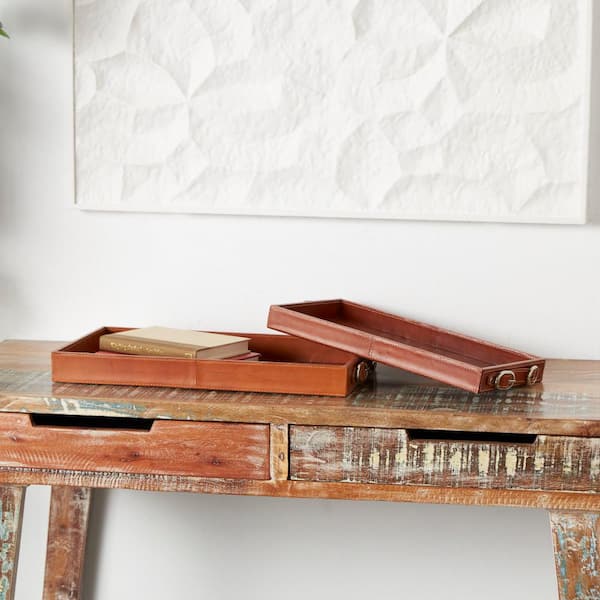 Litton Lane Brown Leather Nesting Decorative Tray with Buckel Handles (Set of 2)