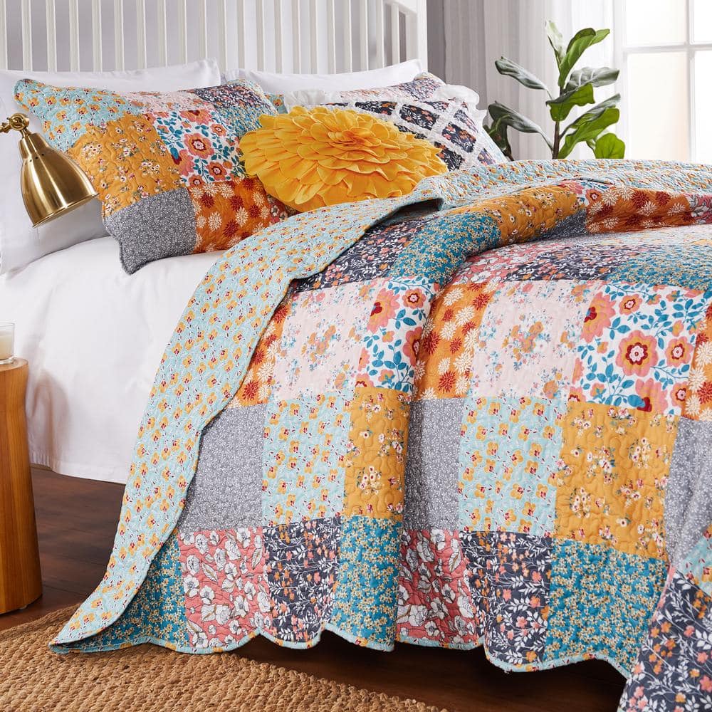 King Size Blue and Orange Microfiber Reversible Quilt Set