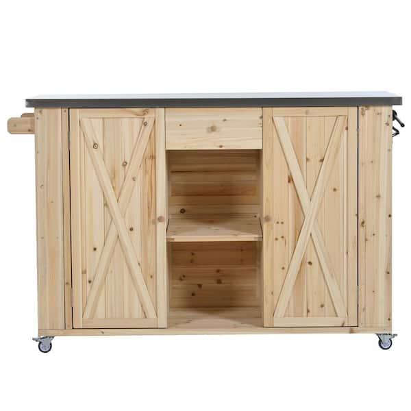 52.25 in. x 28.75 in. x 36.25 in. Outdoor Kitchen Cabinet with Stainless Steel Top, Storage, Towel and Spice Racks,Brown