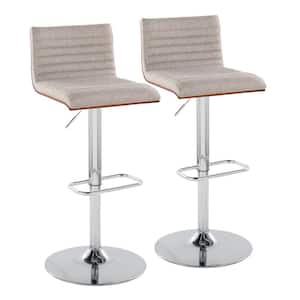 Mason 43 in. Adjustable Height Grey Fabric & Chrome Metal Bar Stool with Rounded Rectangle Footrest (Set of 2)