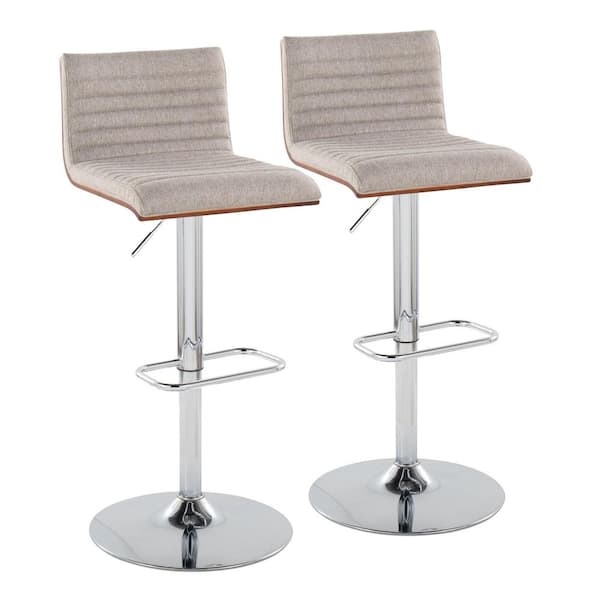 Lumisource Mason 43 in. Adjustable Height Grey Fabric & Chrome Metal Bar Stool with Rounded Rectangle Footrest (Set of 2)