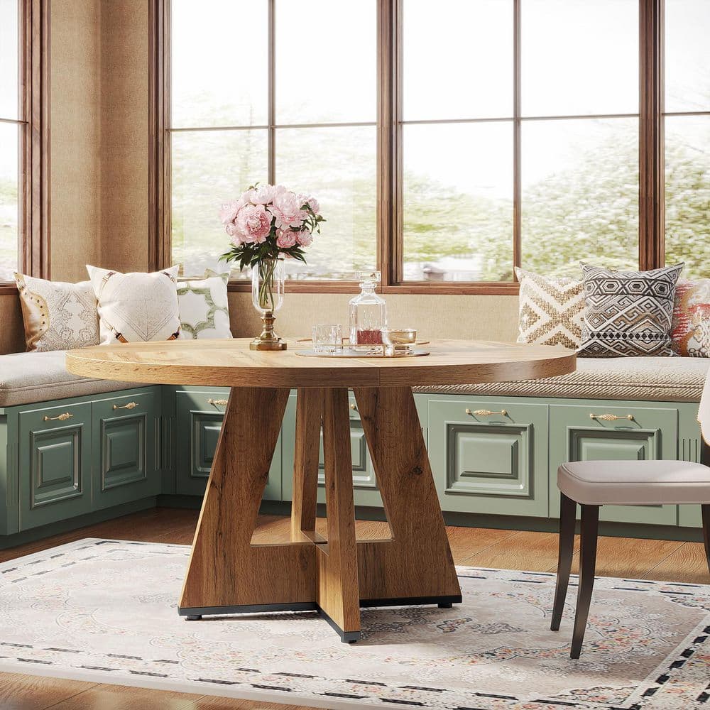 Roesler Dark Wood Round Dining Table, Wood 47 in. Pedestal Stylish Dining Table for 4 A Blend of Function and Aesthetics
