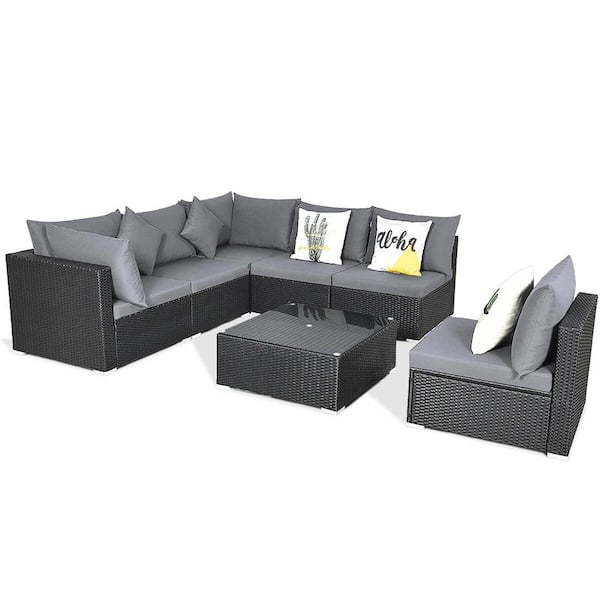 7-Piece Wicker Patio Conversation Rattan Furniture Set Sectional Sofas with Off White and Gray Cushions