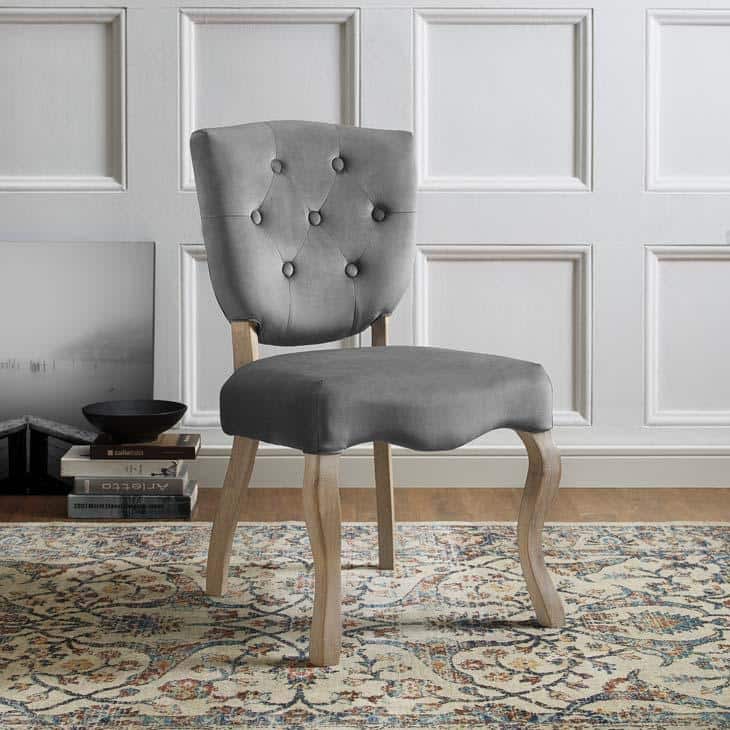 Elegant Gray Velvet Upholstered Side Chair with Weathered Wood Legs
