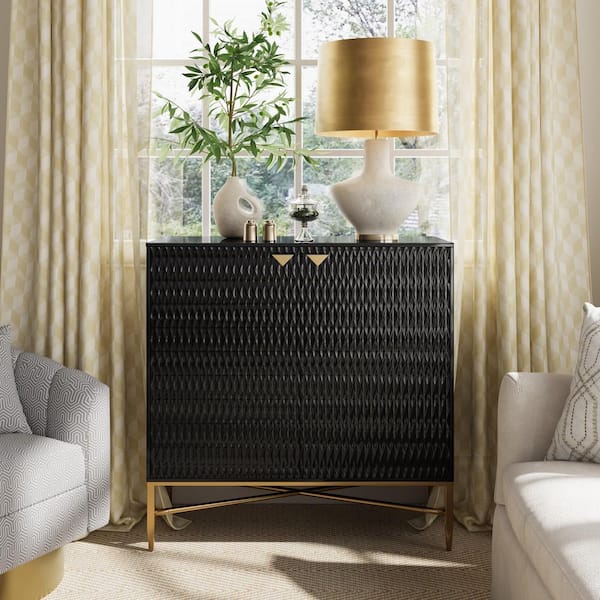 Clihome Modern High Gloss Black 33 in. Accent Cabinet with Diamond Doors Gold Metal Legs and Adjustable Shelf