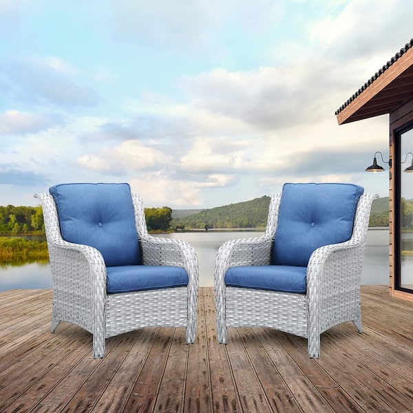 Opohoro ArcoBay Metal and Light Beige Wicker Outdoor Lounge Chair with Olefin Blue Cushions (2-Pack)