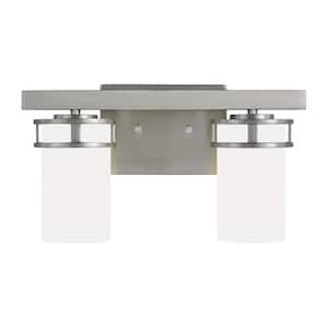 Robie 14 in. 2-Light Brushed Nickel Transitional Rustic Wall Bathroom Vanity Light with Etched White Glass Shades