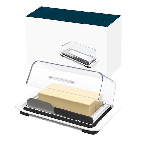 8 oz. White Plastic Airtight Flip-Top Butter Dish with Knife Spreader for Countertop and Refrigerator (Set of 1)