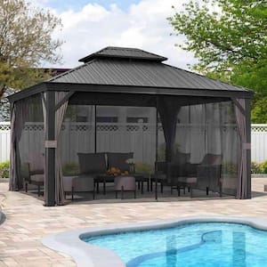 10 ft. x 14 ft. Gray Aluminum Hardtop Gazebo Canopy for Patio Deck Backyard Heavy-Duty with Netting and Upgrade Curtains