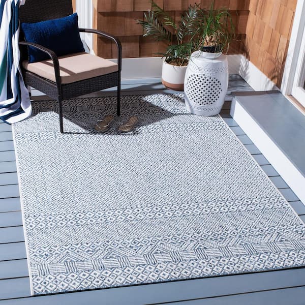 Courtyard Blue/Navy 8 ft. x 8 ft. Geometric Diamond Indoor/Outdoor Patio  Square Area Rug