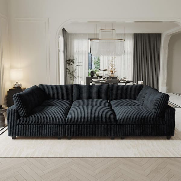 118 in. Modular Black Plush Velvet Cal King Size 5-Seat Convertible Sleeper Sofa Bed w/ Ottoman & Washable Covers