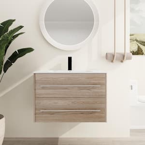 29.7 in. W x 18.1 in. D x 20.2 in. H Wall-Mounted Bath Vanity in Light Brown with White Resin Vanity Top