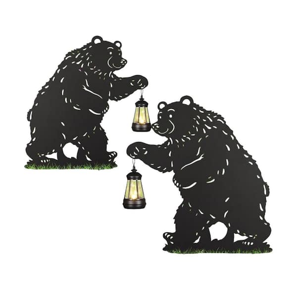 Black Bear Metal Solar Garden Stakes with Automatic Lighting, Decorative Outdoor Pathway Lights (2-Pack)