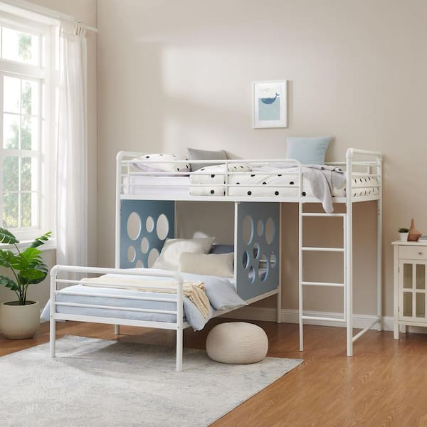 Walker Edison Furniture Company White/Light Blue Metal Twin L-Shaped Bunk Bed with Wood Circle Cut-Out Panels