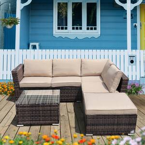 4-Piece Wicker Patio Furniture Set Outdoor Sectional Sofa Set with Tempered Glass Table, Ottoman, Khaki Cushion