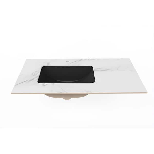 castellousa Cassandra 36 in. W x 22 in. D Porcelain Vanity Top in White Marble Finish with Left Black Basin