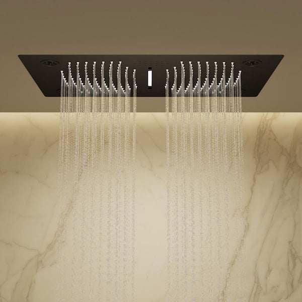 6-Spray Ceiling Mount 28 x 16 in. LED Mood Lighting Music Dual Shower Head and Handheld Shower Head in Matte Black