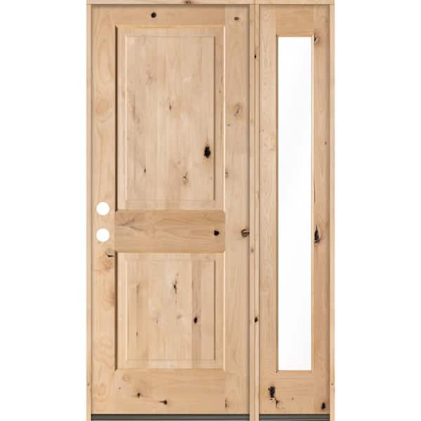 Krosswood Doors 44 in. x 80 in. Rustic Unfinished Knotty Alder Square-Top Right-Hand Right Full Sidelite Clear Glass Prehung Front Door