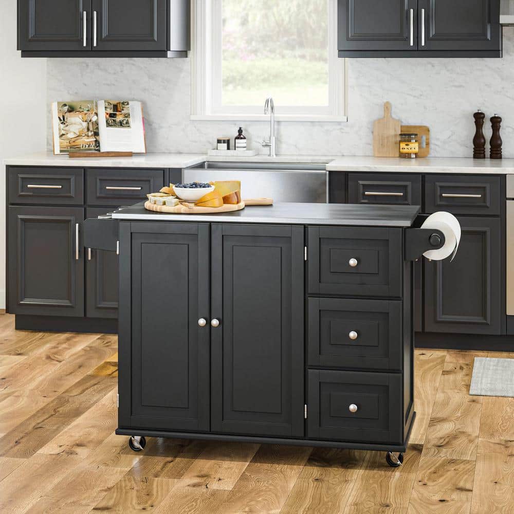 Stainless Steel Top Rectangular Kitchen Cart with Spice Rack and Storage, Black
