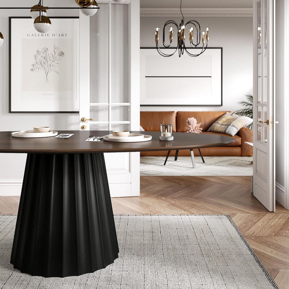 Modern Walnut&Black Solid Wood 67 in. Pedestal Dining Table Seats 6