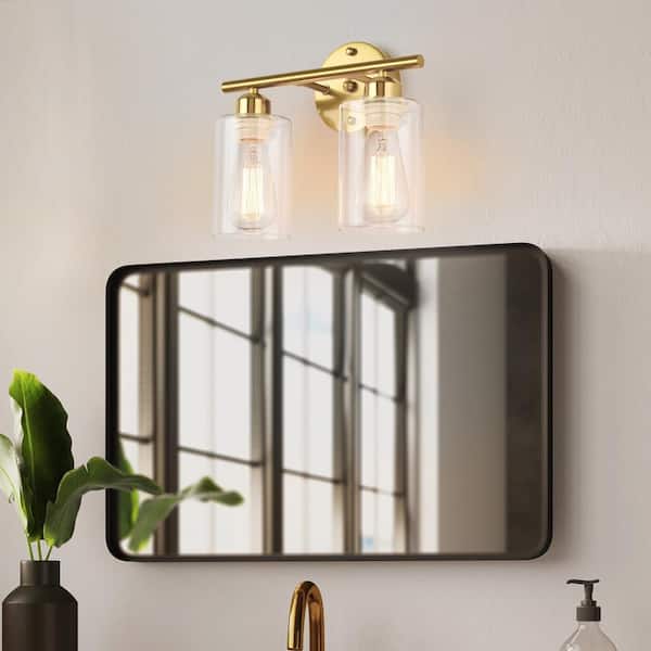 GoYeel 12.99 in. 2-Light Gold Bathroom Vanity Light with Glass Shade ...