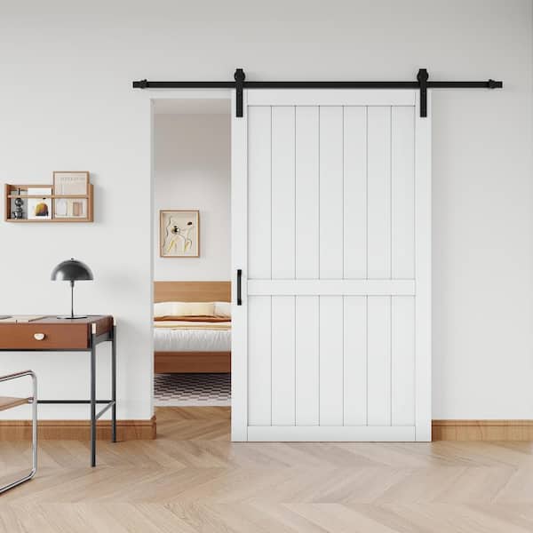 48 in. x 84 in. White Soft Close Paneled H Style White Primed MDF Sliding Barn Door Slab with Hardware Kit