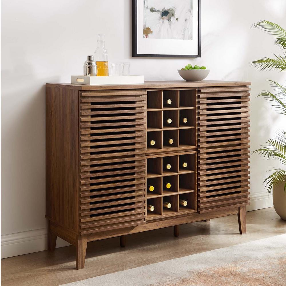 Mid-Century Walnut Grain Laminate Bar Cabinet with Wine Rack