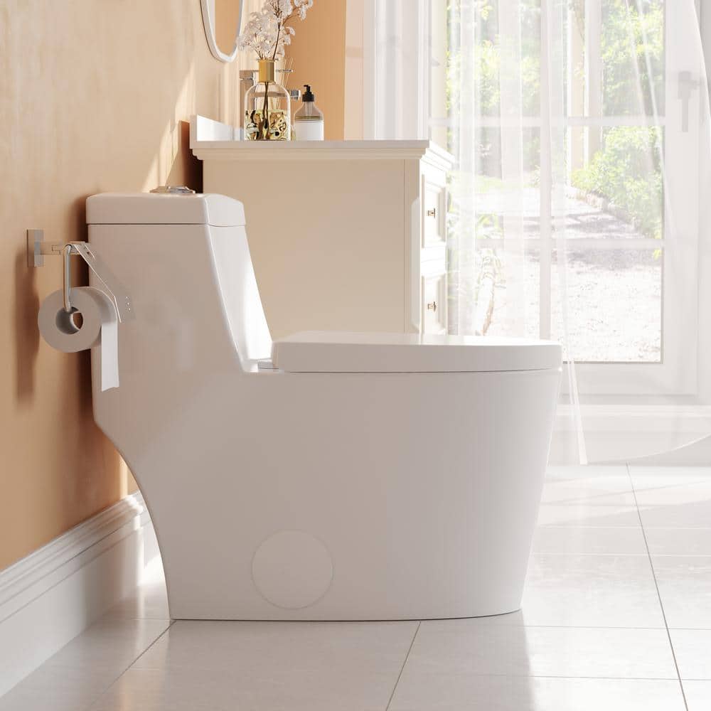 White and Gold Dual-Flush Elongated One-Piece Toilet