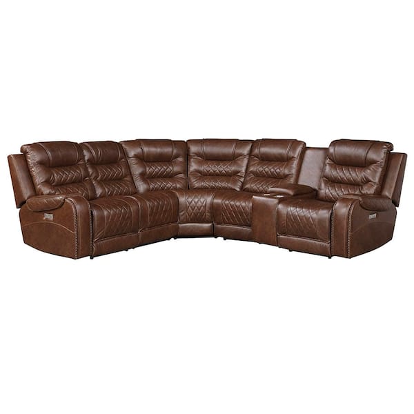 Lazzara Bergen 101 in. Straight Arm 6-piece Faux Leather Modular Power Reclining Sectional Sofa in Brown