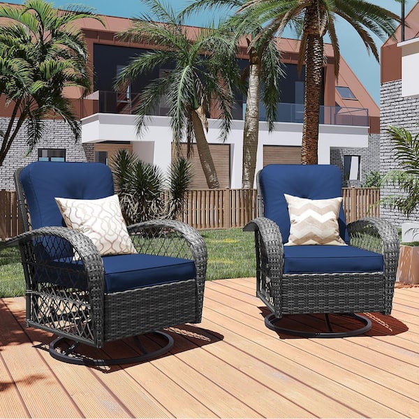 2-Piece Gray Wicker 360° Swivel Outdoor Rocking Chair with Navy Blue Cushion