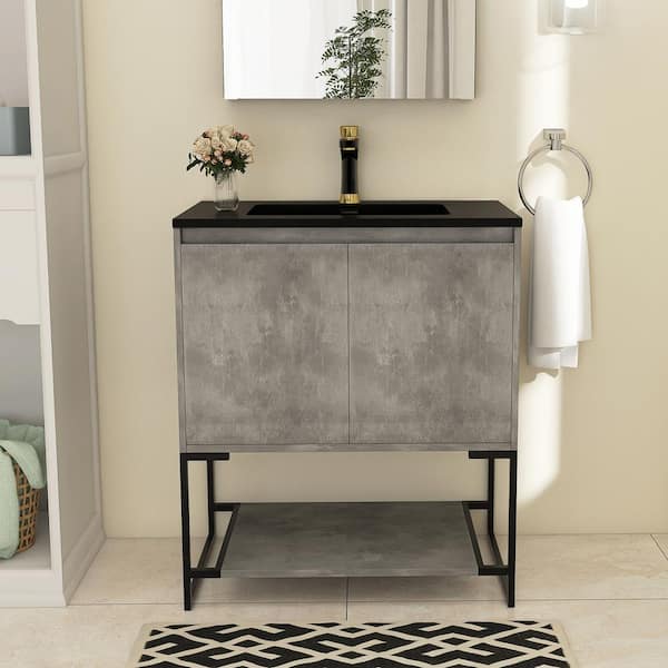 Boosicavelly 30 in. W X 19 in. D X 34 in. H Single Sink Freestanding Bath Vanity in Light Gray With Black Resin Top