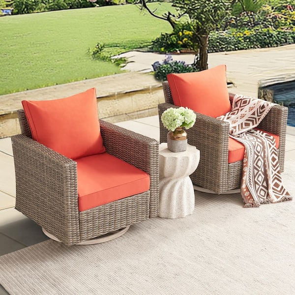2-Piece Wicker Swivel Outdoor Rocking Chairs with Orange Cushions