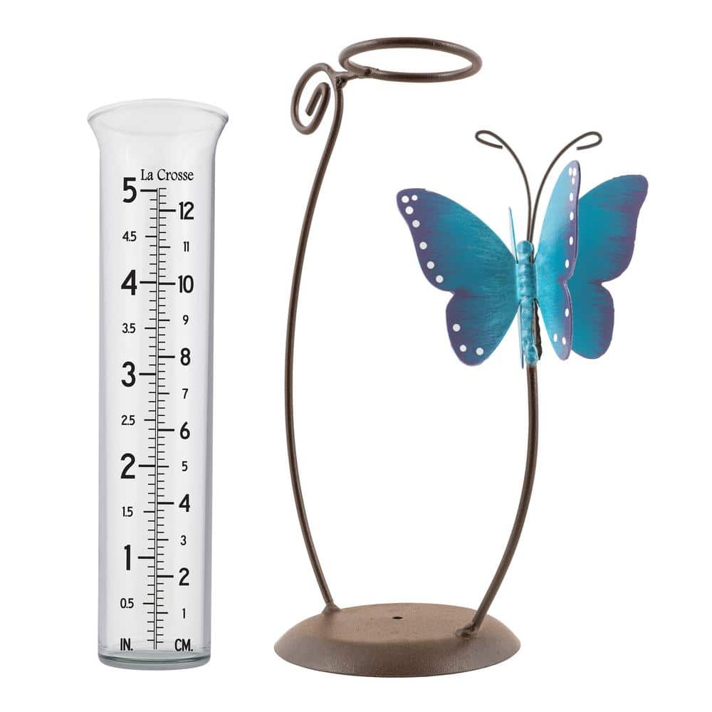 Blue Butterfly Handcrafted Glass Rain Gauge with Metal Stand