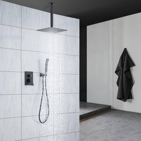 Airuida 12 Inch Square Matte Black Shower Faucet Rough-in Valve Bathroom Luxury Ceiling Mount SUS304 Ultra-thin Rainfall Shower Head Brass Shower All-in-one Handheld Hold Rain Mixer Shower System Set
