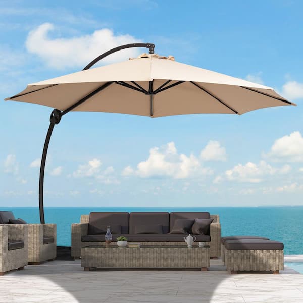 JEAREY 12 ft. L Outdoor Aluminum Curvy Cantilever Offset Hanging Patio Umbrella with Sandbag Base and Cover in Beige