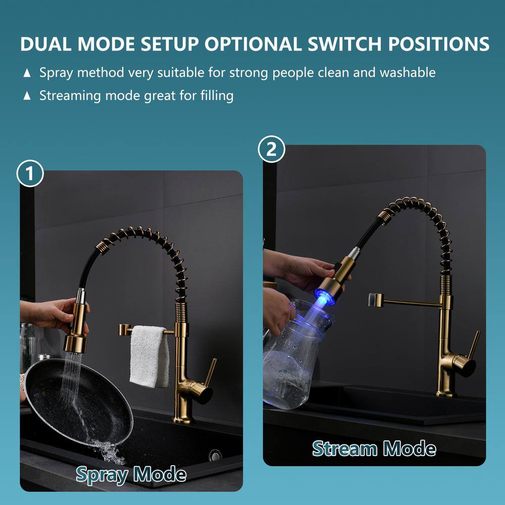 Brushed Gold Single Handle Pull Down Kitchen Faucet with LED Light